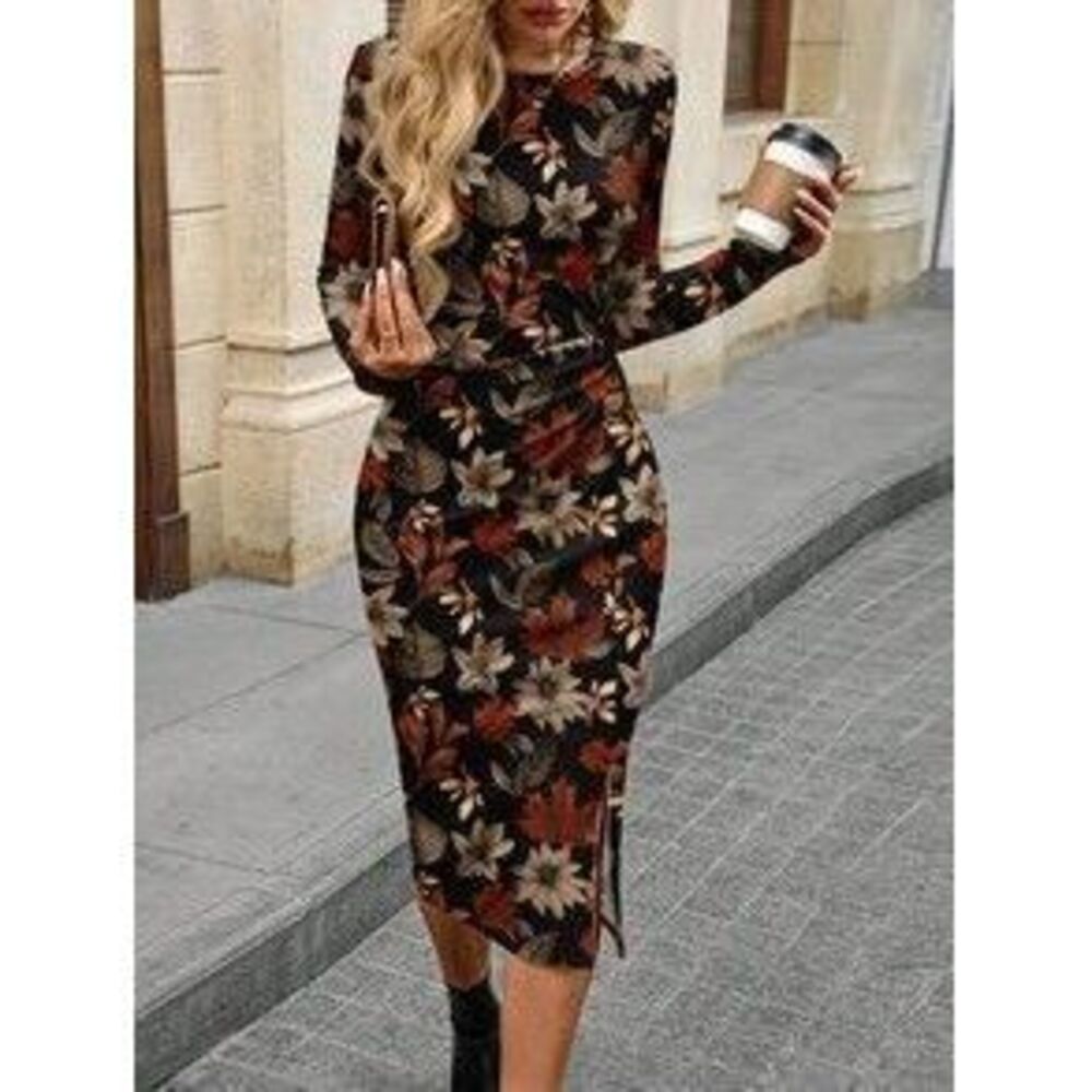 SHEIN LUNE Vestido de longitud media con estampado de hojas y flores en color n…